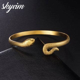 SKYRIM Vòng Tay Bằng Thép Không Gỉ Dành Cho Nữ Họa Tiết Rắn Đuôi Cong Thiết Kế Mở