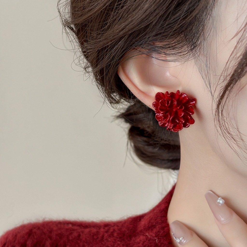 Bạc Ancora màu đỏ ba chiều xếp li bông tai hoa đinh tán Phong cách Cảng cá tính khí bông tai retro đẹp thanh lịch