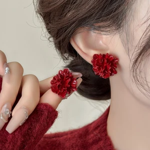 Bạc Ancora màu đỏ ba chiều xếp li bông tai hoa đinh tán Phong cách Cảng cá tính khí bông tai retro đẹp thanh lịch