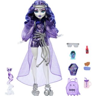 Monster High Spectra Vondergeist Doll với thú cưng Ferret Rhuen và phụ kiện như ba lô, máy tính bảng, đồ ăn nhẹ và hơn thế nữa HXH77