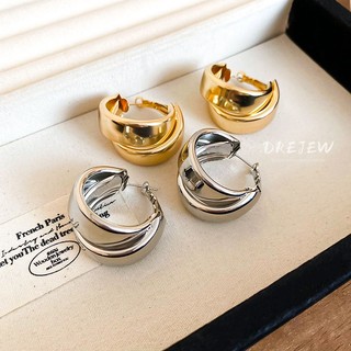 DREJEW Bông tai tròn hai lớp thời trang Châu Âu và Mỹ Bông tai thiết kế phong cách kim loại lạnh lùng Bông tai khí chất đơn giản bông tai