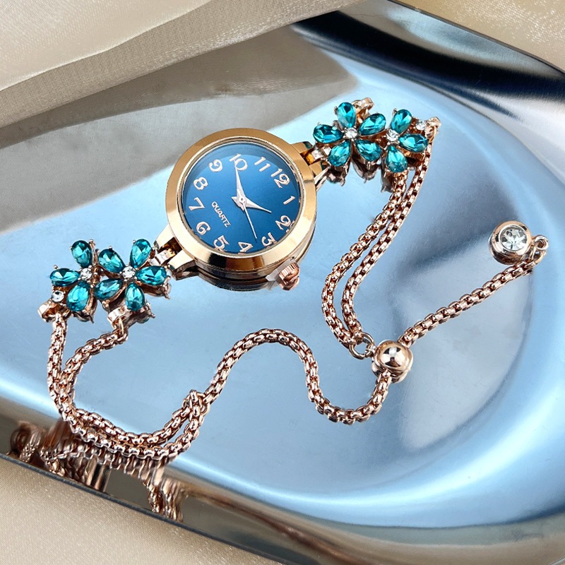 Kim cương đính hoa kim cương đầy màu sắc Vòng tay dây rút đơn giản và thời trang Đồng hồ thạch anh nữ