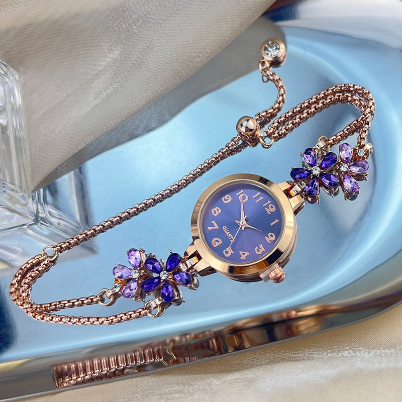 Kim cương đính hoa kim cương đầy màu sắc Vòng tay dây rút đơn giản và thời trang Đồng hồ thạch anh nữ