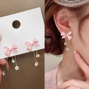 Bông Tai Nơ Màu Hồng Bông Tai Phong Cách Mới Tua Rua Cao Cấp Tính Khí Bông Tai Nữ