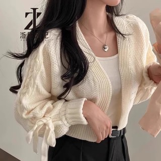 ZHELIHANGFEI Hàn Quốc Hàn Quốc sang trọng Pháp Phong cách nhẹ nhàng Thiết kế rỗng Tất cả các trận đấu Áo khoác dệt kim dài tay Nơ Áo khoác nữ