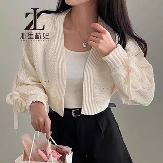 ZHELIHANGFEI Hàn Quốc Hàn Quốc sang trọng Pháp Phong cách nhẹ nhàng Thiết kế rỗng Tất cả các trận đấu Áo khoác dệt kim dài tay Nơ Áo khoác nữ