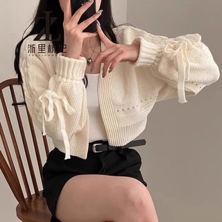 ZHELIHANGFEI Hàn Quốc Hàn Quốc sang trọng Pháp Phong cách nhẹ nhàng Thiết kế rỗng Tất cả các trận đấu Áo khoác dệt kim dài tay Nơ Áo khoác nữ