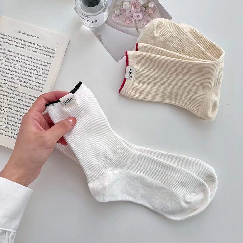 Tất Nữ ins Xuân Hè Gót Vải Anh Nhãn Màu Sắc Phù Hợp Giữa Ống Tất Màu Kẹo Niche Cotton Cọc