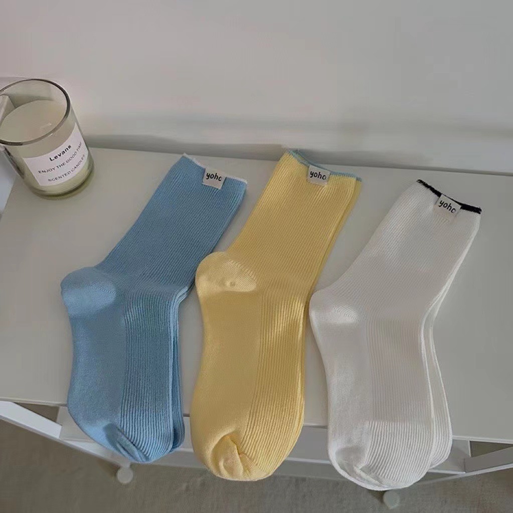 Tất Nữ ins Xuân Hè Gót Vải Anh Nhãn Màu Sắc Phù Hợp Giữa Ống Tất Màu Kẹo Niche Cotton Cọc