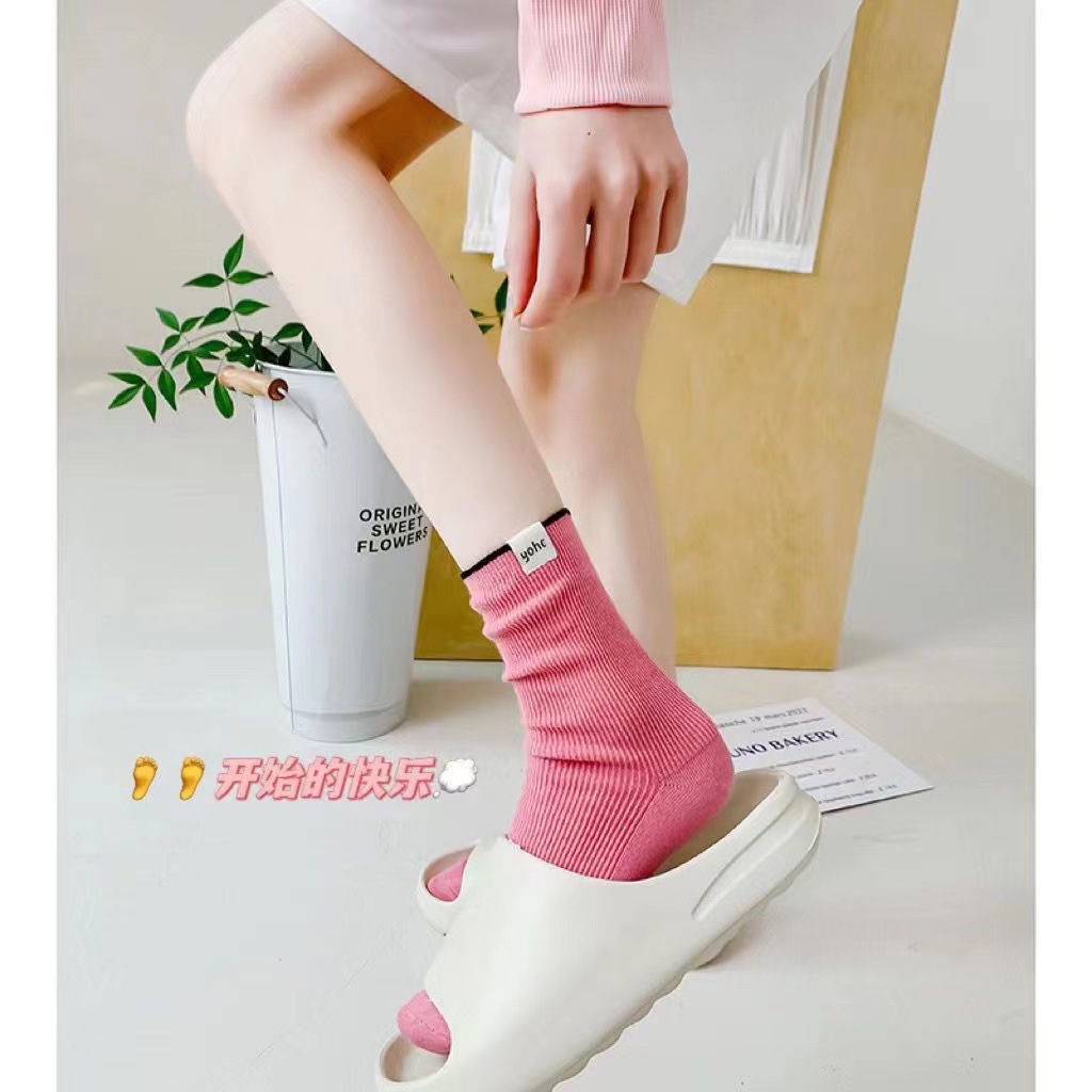 Tất Nữ ins Xuân Hè Gót Vải Anh Nhãn Màu Sắc Phù Hợp Giữa Ống Tất Màu Kẹo Niche Cotton Cọc