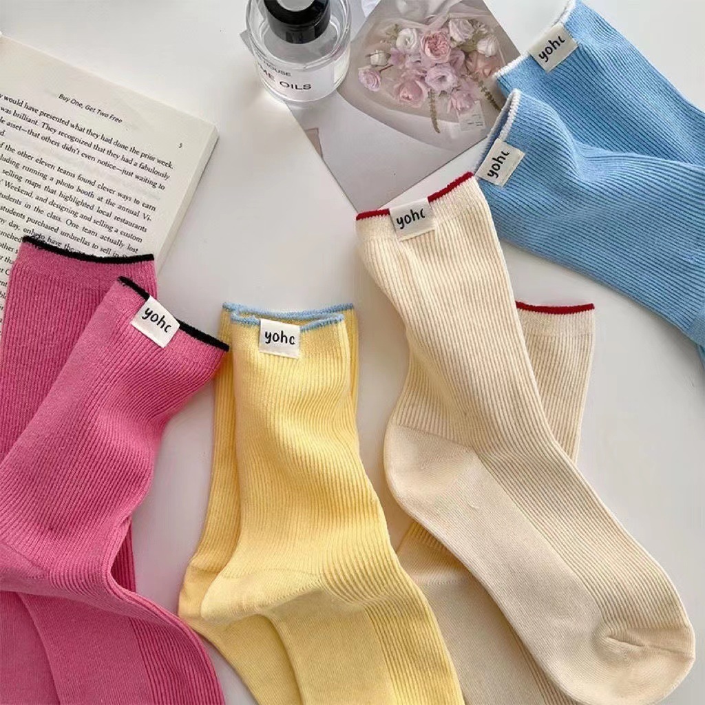 Tất Nữ ins Xuân Hè Gót Vải Anh Nhãn Màu Sắc Phù Hợp Giữa Ống Tất Màu Kẹo Niche Cotton Cọc
