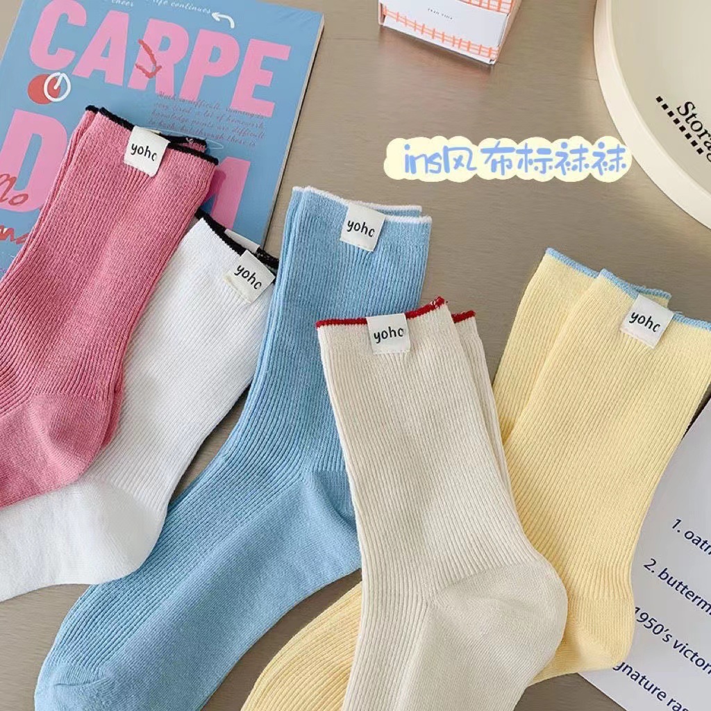 Tất Nữ ins Xuân Hè Gót Vải Anh Nhãn Màu Sắc Phù Hợp Giữa Ống Tất Màu Kẹo Niche Cotton Cọc