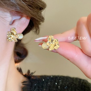 DREJEW Bạc kim loại ba chiều opal xếp li hoa bông tai bông tai bông tai thời trang sang trọng nhẹ nhàng