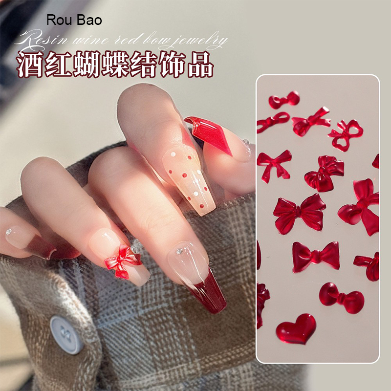 Rou Bao 50 Chiếc Móng Tay Hỗn Hợp Rượu Vang Đỏ Nơ Nhiều Phong Cách Nữ Tính 3D Nhựa Móng Tay Nghệ Thuật DIY Quyến Rũ Trang Trí