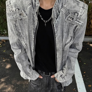 Áo khoác denim nam ESEA Áo khoác denim dáng rộng phong cách đường phố giản dị kiểu dáng chắp vá áo khoác xe máy chất lượng cao
