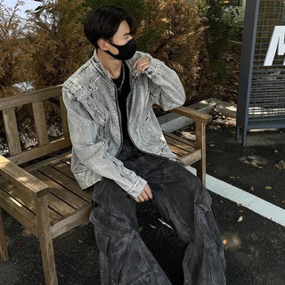 Áo khoác denim nam ESEA Áo khoác denim dáng rộng phong cách đường phố giản dị kiểu dáng chắp vá áo khoác xe máy chất lượng cao