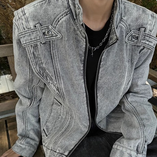 Áo khoác denim nam ESEA Áo khoác denim dáng rộng phong cách đường phố giản dị kiểu dáng chắp vá áo khoác xe máy chất lượng cao