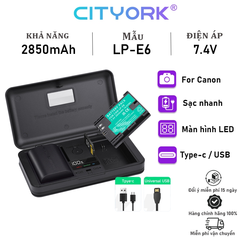 Bộ sạc pin CITYORK Canon LP-E6 LP-E6N LP-E6NH cho Canon60D 70D 80D 90D ...