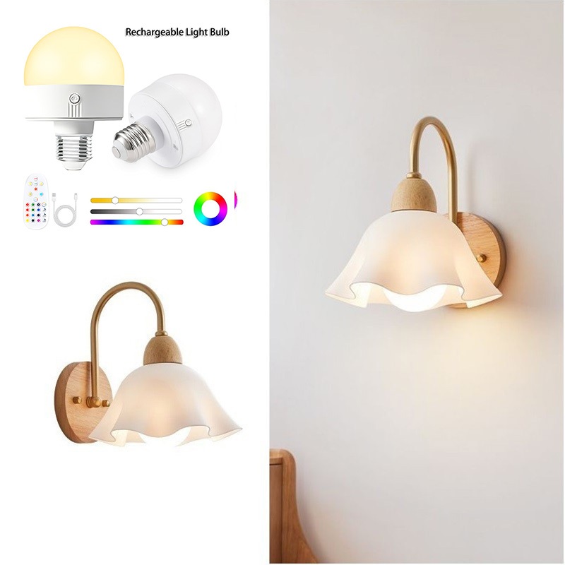 Pin sạc không dây Đèn tường hoa, Đèn treo tường bằng gỗ có thể điều chỉnh độ sáng màu Rgb, Phòng ngủ Phòng khách Khách sạn Đèn chiếu sáng trang trí