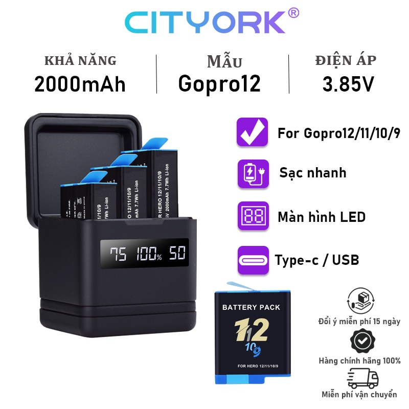 Bộ sạc pin CITYORK Gopro Hộp sạc 3 pin máy ảnh cho Gopro Hero 9 10 11 ...