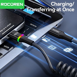 Cáp Rocoren 100W Spring USB Type C cho ô tô có đèn LED RGB PD Dây sạc nhanh cho điện thoại trên ô tô