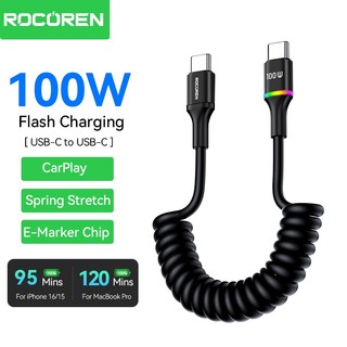 Cáp Rocoren 100W Spring USB Type C cho ô tô có đèn LED RGB PD Dây sạc nhanh cho điện thoại trên ô tô