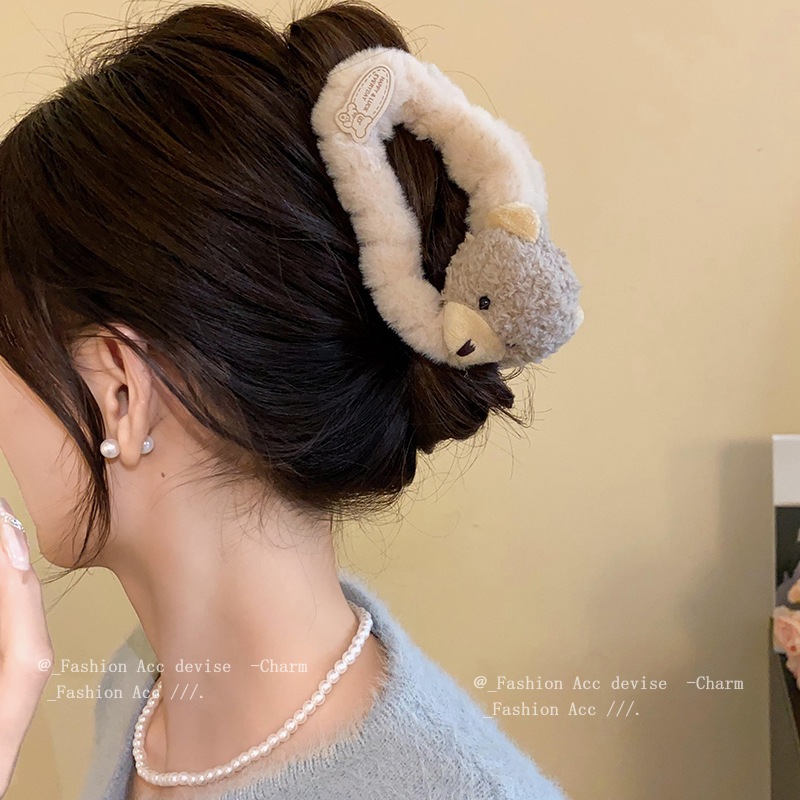 Kẹp Tóc Cá Mập Phủ Lông Hình Đám Mây Đính Thỏ/ Gấu Đáng Yêu Phụ Kiện Tóc Empoli