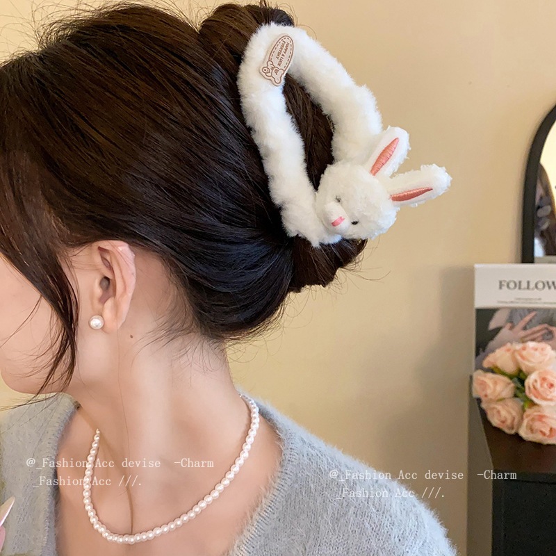 Kẹp Tóc Cá Mập Phủ Lông Hình Đám Mây Đính Thỏ/ Gấu Đáng Yêu Phụ Kiện Tóc Empoli
