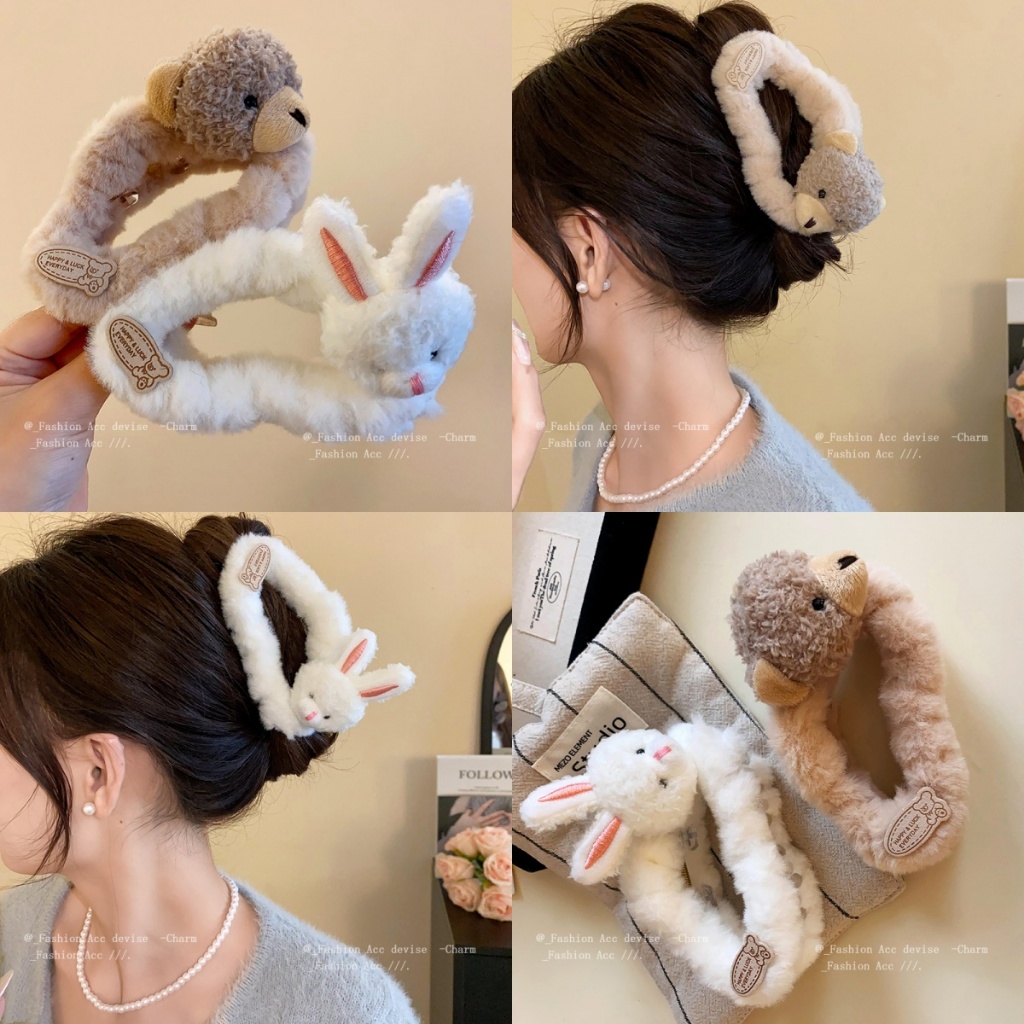 Kẹp Tóc Cá Mập Phủ Lông Hình Đám Mây Đính Thỏ/ Gấu Đáng Yêu Phụ Kiện Tóc Empoli