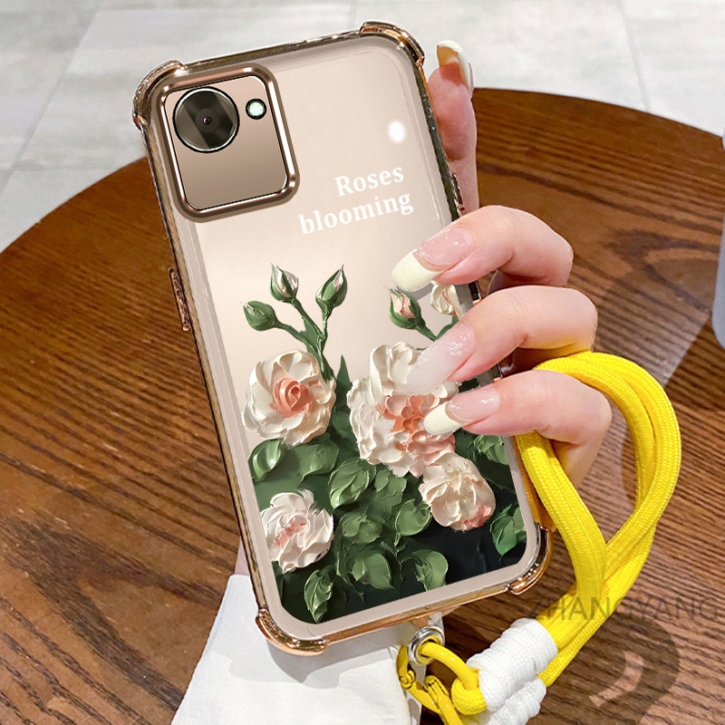 Ốp Lưng Cho Realme C30 C30s Ốp Điện Thoại Mạ Điện Bốn Góc Chống Rơi Với Thẩm Mỹ Đẹp Và Thiết Kế Hoa Trắng Vỏ Mềm TPU