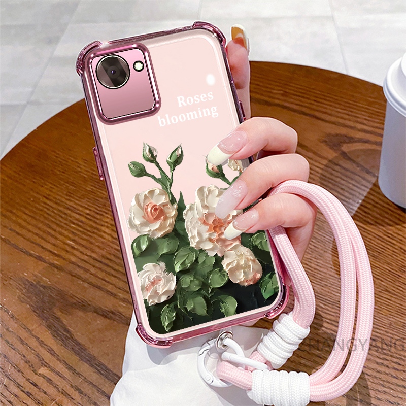 Ốp Lưng Cho Realme C30 C30s Ốp Điện Thoại Mạ Điện Bốn Góc Chống Rơi Với Thẩm Mỹ Đẹp Và Thiết Kế Hoa Trắng Vỏ Mềm TPU