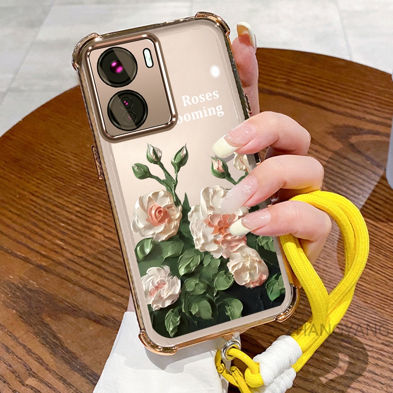 Ốp lưng cho vivo Y16 Ốp điện thoại mạ điện bốn góc chống rơi với thẩm mỹ đẹp mắt và vỏ mềm TPU thiết kế hoa trắng