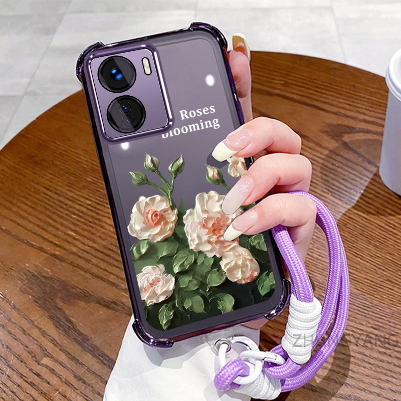 Ốp lưng cho vivo Y16 Ốp điện thoại mạ điện bốn góc chống rơi với thẩm mỹ đẹp mắt và vỏ mềm TPU thiết kế hoa trắng