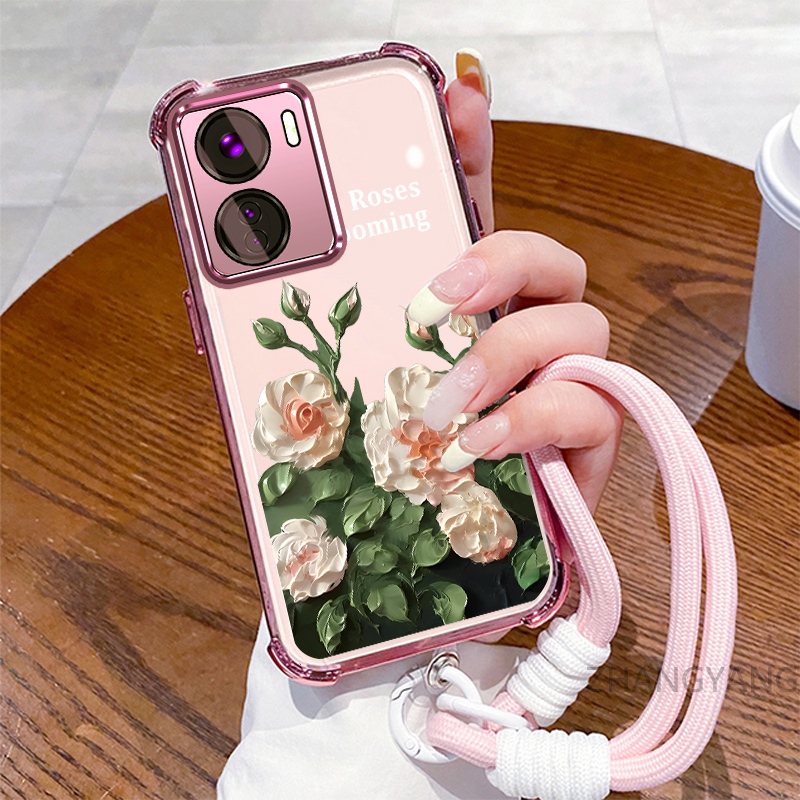 Ốp lưng cho vivo Y16 Ốp điện thoại mạ điện bốn góc chống rơi với thẩm mỹ đẹp mắt và vỏ mềm TPU thiết kế hoa trắng