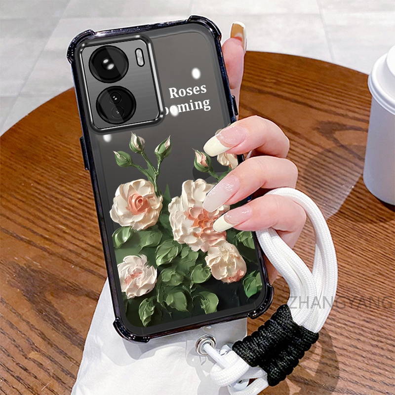 Ốp lưng cho vivo Y16 Ốp điện thoại mạ điện bốn góc chống rơi với thẩm mỹ đẹp mắt và vỏ mềm TPU thiết kế hoa trắng