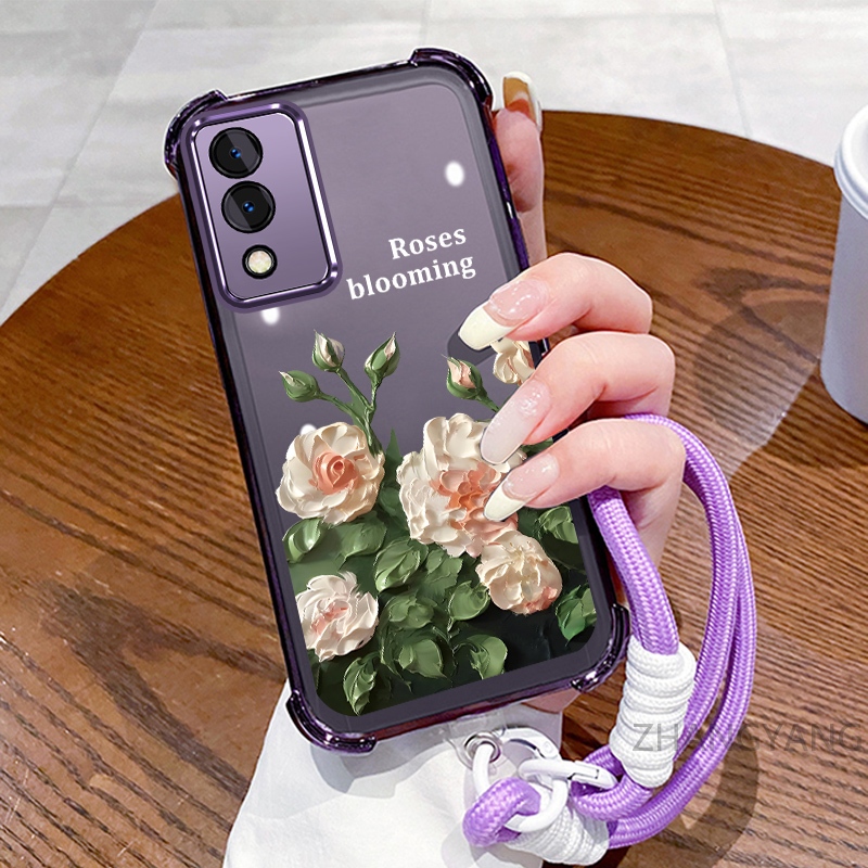 Ốp lưng cho vivo Y17S Ốp điện thoại mạ điện bốn góc chống rơi với tính thẩm mỹ đẹp mắt và vỏ mềm TPU thiết kế hoa trắng