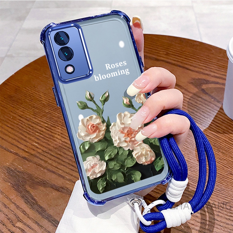 Ốp lưng cho vivo Y17S Ốp điện thoại mạ điện bốn góc chống rơi với tính thẩm mỹ đẹp mắt và vỏ mềm TPU thiết kế hoa trắng
