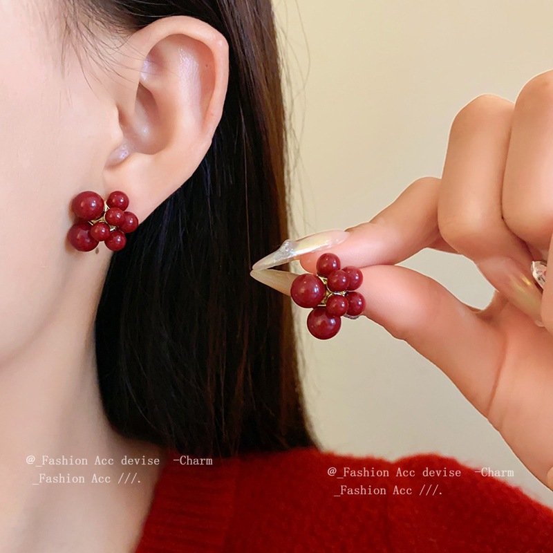 Pin bạc đổ xô inset anh đào chữ bông tai đinh tán thích hợp bông tai thiết kế cao cấp lễ hội tất cả các bông tai tinh tế nữ