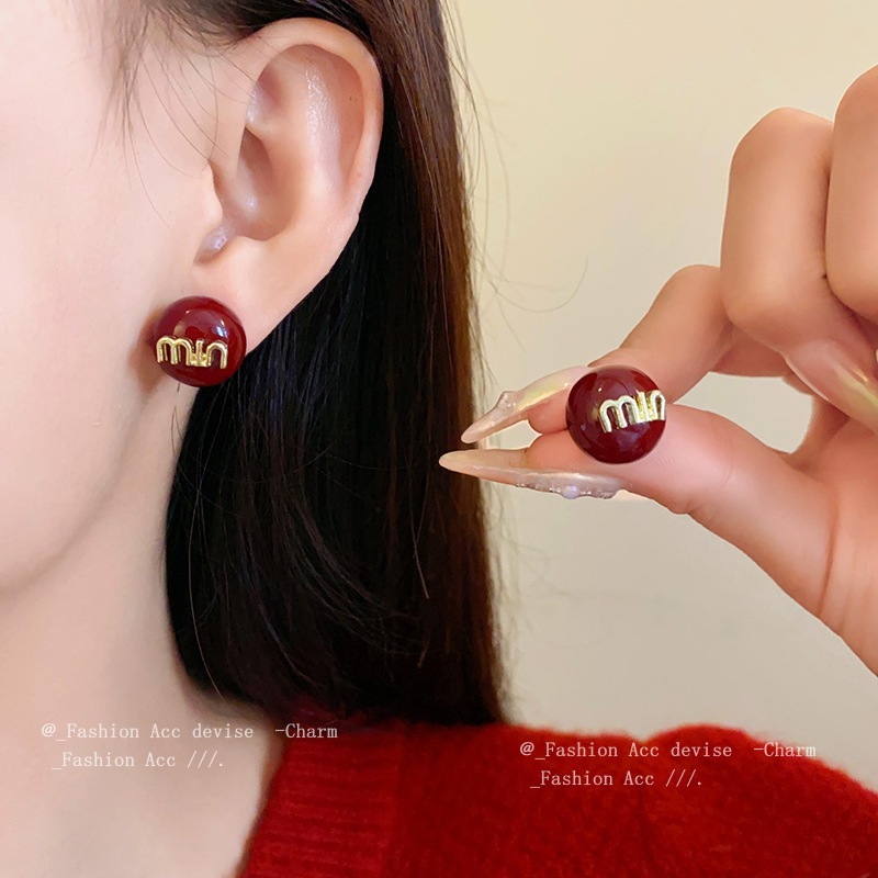 Pin bạc đổ xô inset anh đào chữ bông tai đinh tán thích hợp bông tai thiết kế cao cấp lễ hội tất cả các bông tai tinh tế nữ