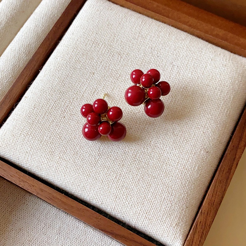 Pin bạc đổ xô inset anh đào chữ bông tai đinh tán thích hợp bông tai thiết kế cao cấp lễ hội tất cả các bông tai tinh tế nữ