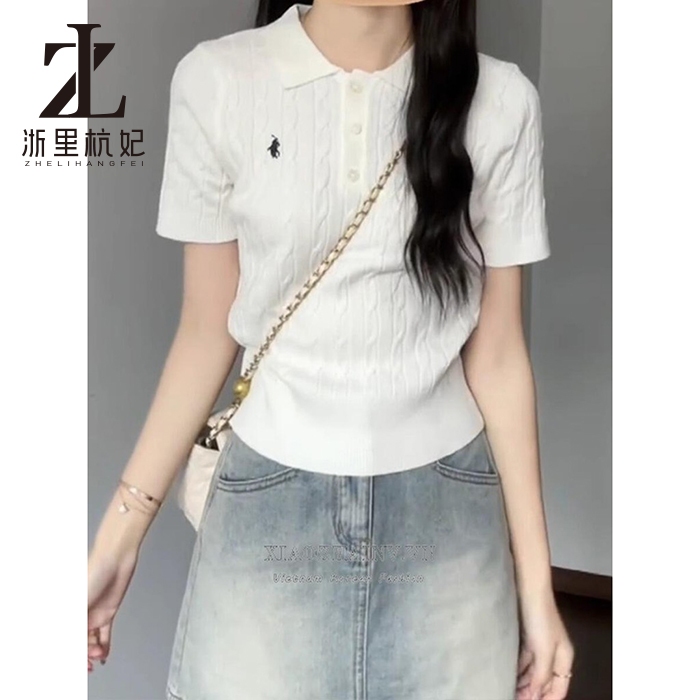 ZHELIHANGFEI Áo thun cổ polo ngắn tay dệt kim Hàn Quốc hàng đầu dành cho nữ