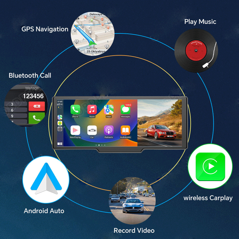 Ảnh Ekleva 10.26 Inch Dash Cam Di Động Màn Hình Carplay Không Dây HD Phía Sau Camera lùi Xe DVR MP5 Đa Phương Tiện Video Player Android Auto 2