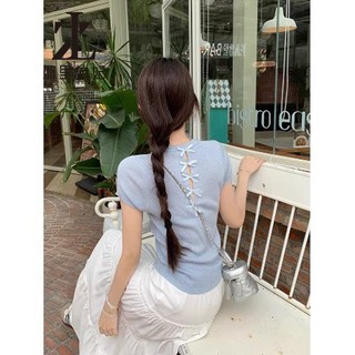 ZHELIHANGFEI Gợi Cảm Ôm Nơ Rỗng Cổ Tròn Tay Ngắn Quần Áo Nữ Thời Trang Phù Hợp Với Hàng Đầu