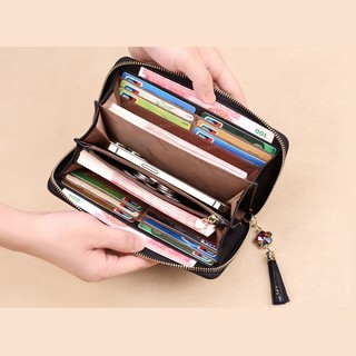Thời Trang Mới Retro Khắc Ví Dài Da Thật Nữ Dây Kéo Đựng Thẻ Dung Tích Lớn Ly Hợp