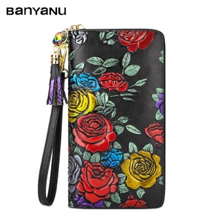 Thời Trang Mới Retro Khắc Ví Dài Da Thật Nữ Dây Kéo Đựng Thẻ Dung Tích Lớn Ly Hợp