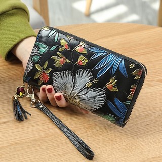 Thời Trang Mới Retro Khắc Ví Dài Da Thật Nữ Dây Kéo Đựng Thẻ Dung Tích Lớn Ly Hợp