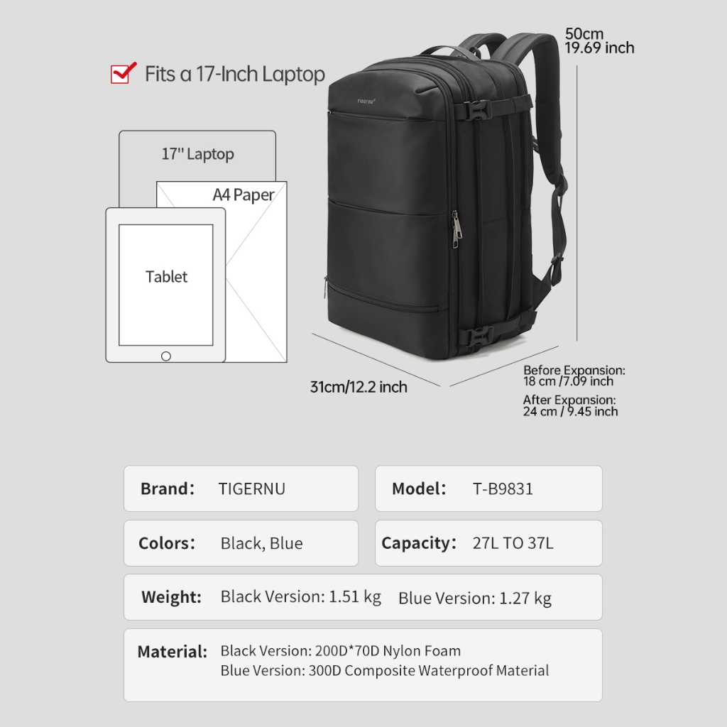 Ảnh Tigernu 9831 Ba lô dung tích lớn có thể mở rộng Cổng USB Túi du lịch chống thấm nước Phù hợp với máy tính xách tay 17 inch 3