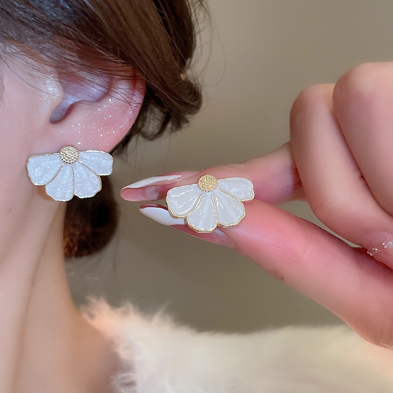 Bông Tai Bạc Kim Trắng Giọt Dầu Mờ, Thiết Kế Đơn Giản Thời Trang Phong Cách Hoa Pháp