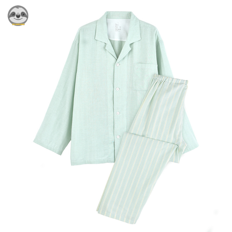Phong cách Nhật Bản Muji Style / Bộ đồ ngủ dài tay bằng sợi đôi màu hỗn hợp / Bộ đồ ngủ Cotton nguyên chất mùa xuân thu / Bộ đồ ngủ sọc kẻ sọc