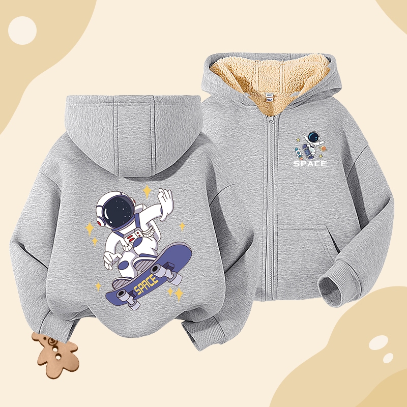 W.G.Q Áo Hoodie bé trai , lông cừu dày kiểu dây kéo mùa thu đông, có in hình phi hành gia